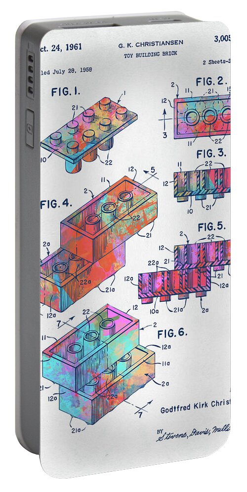 Toy Portable Battery Charger featuring the digital art Colorful 1961 Toy Building Brick Patent Art by Nikki Marie Smith