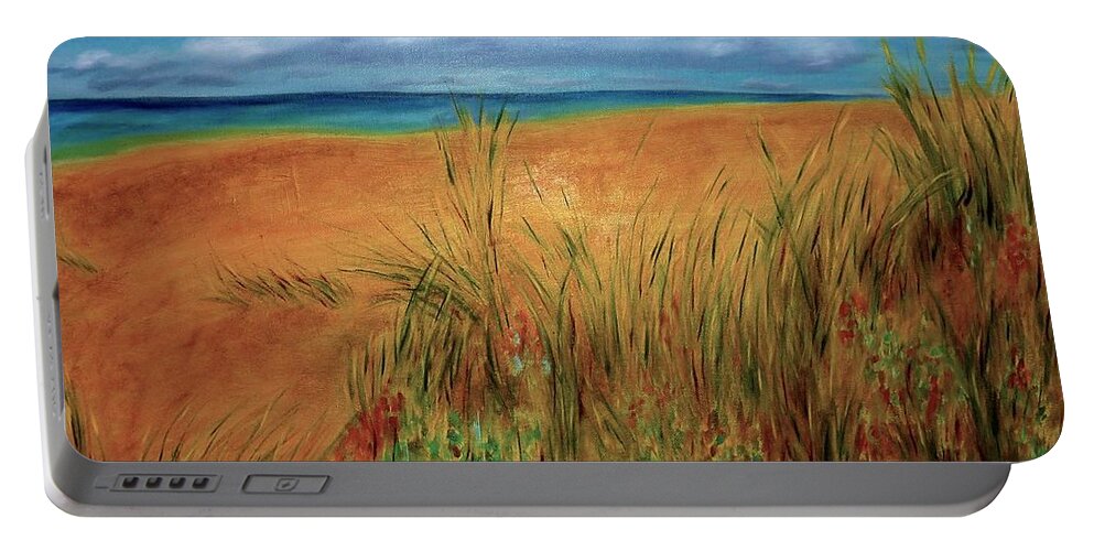 Barrieloustark Portable Battery Charger featuring the painting Colorful Beach by Barrie Stark