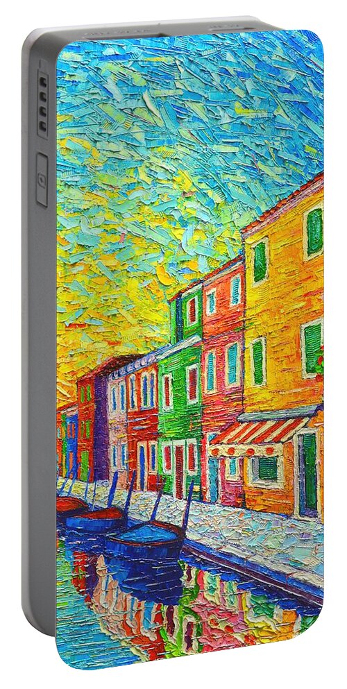 Venice Portable Battery Charger featuring the painting Colorful Burano Sunrise - Venice - Italy - Palette Knife Oil Painting By Ana Maria Edulescu by Ana Maria Edulescu