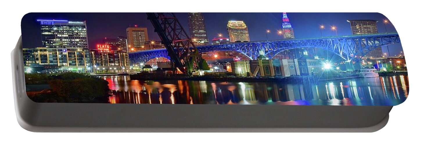 Cleveland Portable Battery Charger featuring the photograph Colorful Cleveland Lights Shimmer Bright by Frozen in Time Fine Art Photography
