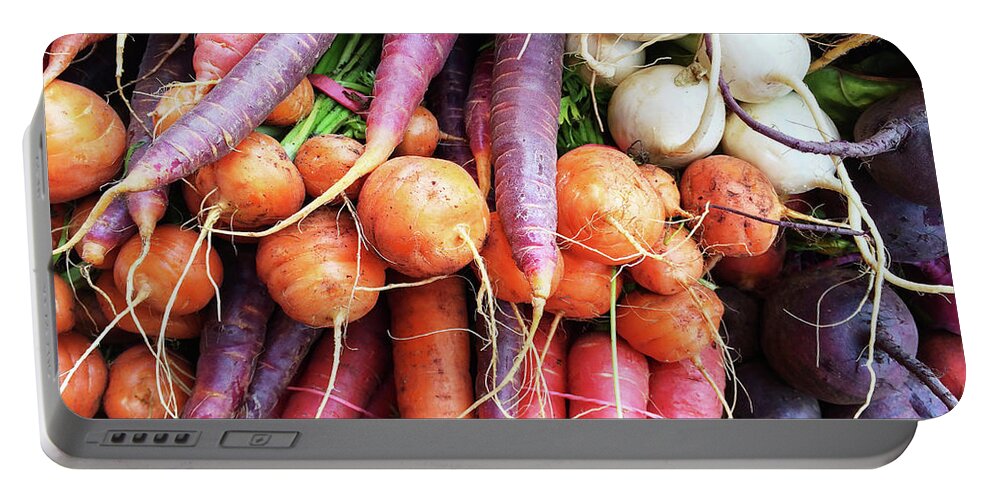 Carrots Portable Battery Charger featuring the photograph Colorful root vegetables by GoodMood Art