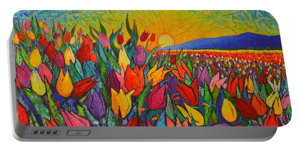 Tulip Portable Battery Charger featuring the painting Colorful Tulips Field Sunrise - Abstract Impressionist Palette Knife Painting By Ana Maria Edulescu by Ana Maria Edulescu