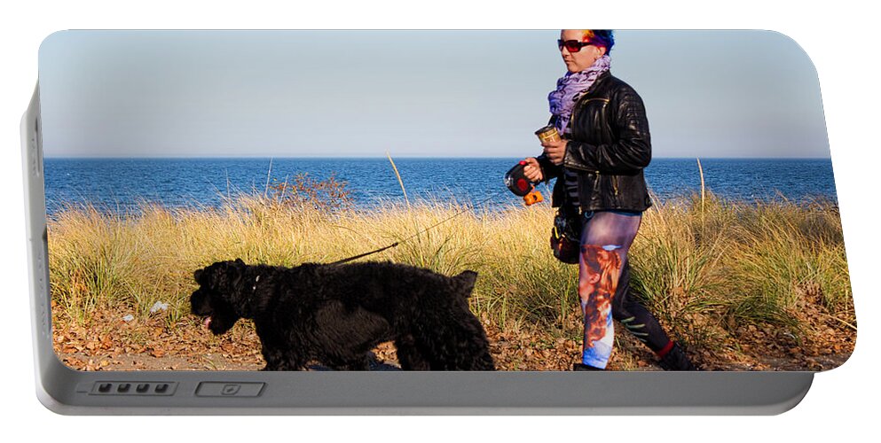 Woman Walking Dog Portable Battery Charger featuring the photograph Colourful Autumn Beach Walk by Barbara McMahon