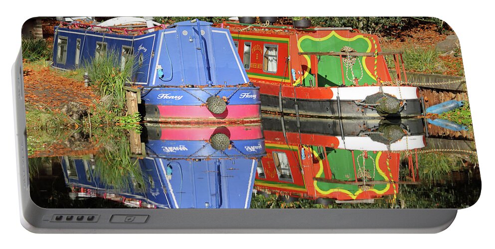 Colourful Canal Boats Barge Wey Canal Surrey Reflections Portable Battery Charger featuring the photograph Colourful Canal Boats by Julia Gavin