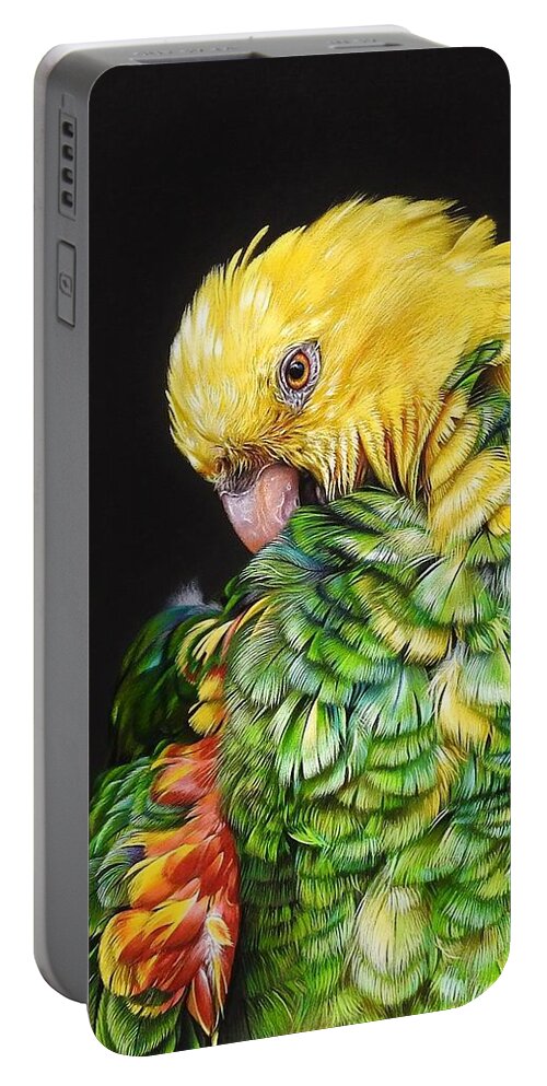 Wildlife Portable Battery Charger featuring the drawing Colours of the jungle - Yellow-headed Amazon by Elena Kolotusha