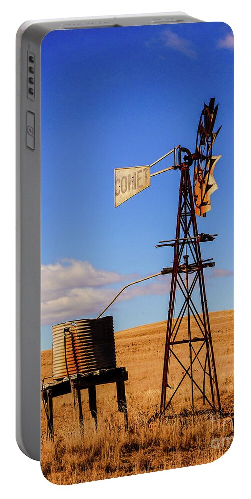 Old Water Windmill In Rural New South Wales Portable Battery Charger featuring the photograph Meet Comet the Windmill by Lexa Harpell