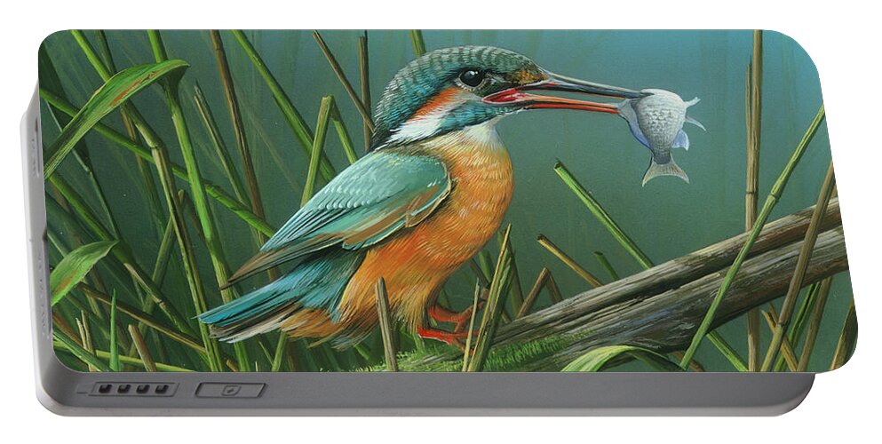 Common Kingfisher Portable Battery Charger featuring the painting Common Kingfisher by Mike Brown
