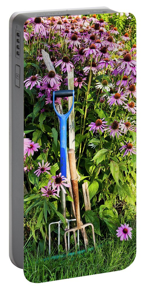 Summer Portable Battery Charger featuring the photograph Coneflowers And Garden Tools by Alan L Graham