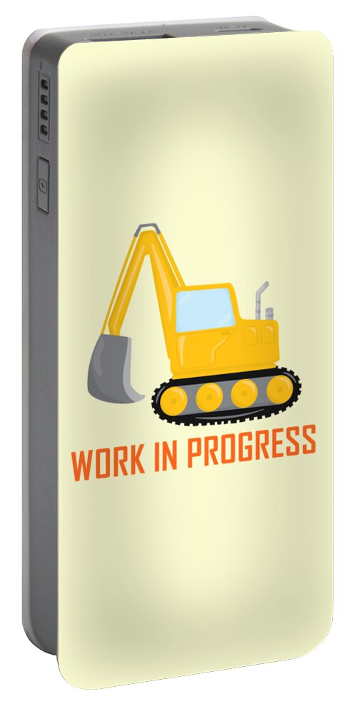 Excavator Portable Battery Charger featuring the digital art Construction Zone - Excavator Work In Progress Gifts - Yellow Background by KayeCee Spain
