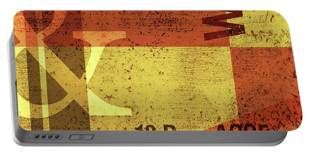 Abstract Portable Battery Charger featuring the mixed media Contemporary Abstract Industrial Art - Distressed Metal - Olive Yellow and Orange by Studio Grafiikka