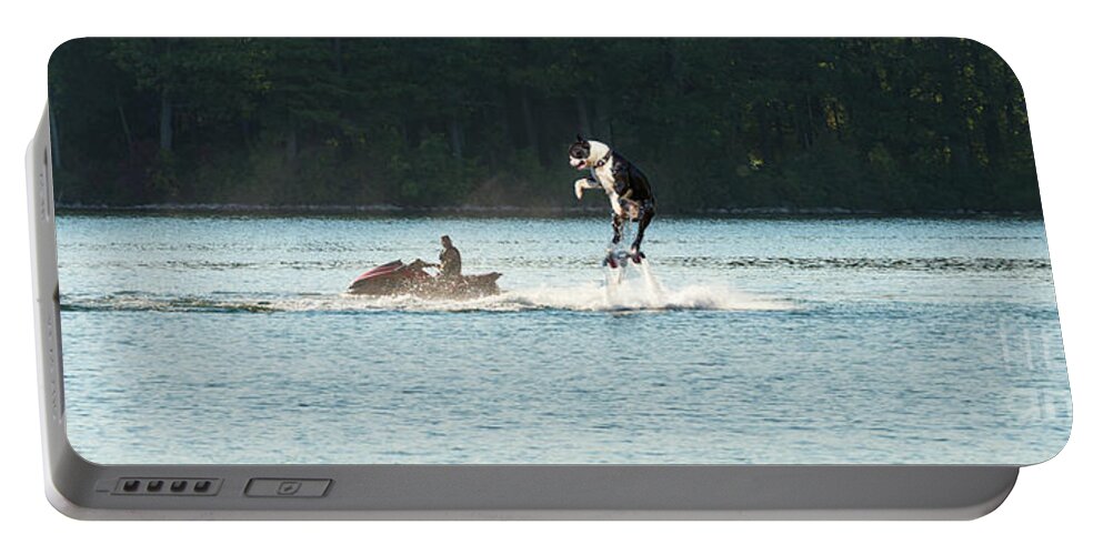 Dog Portable Battery Charger featuring the digital art Cool Dog On A Water Jet Pack by Les Palenik