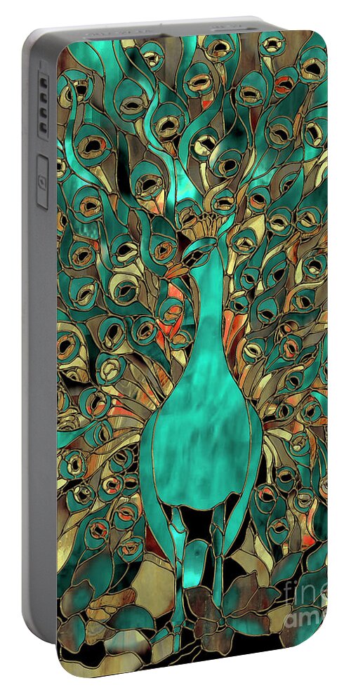 Peacock Portable Battery Charger featuring the painting Copper and Aqua Peacock by Mindy Sommers