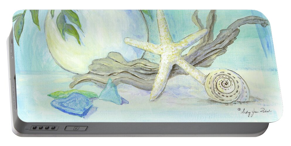 White Hydrangeas Portable Battery Charger featuring the painting Cottage at the Shore 1 White Hydrangea Bouquet w Driftwood Starfish Sea Glass and Seashell by Audrey Jeanne Roberts
