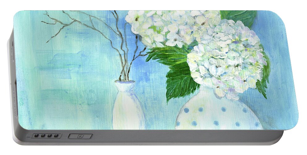White Hydrangeas Portable Battery Charger featuring the painting Cottage at the Shore 2 White Hydrangea Bouquet w Sea Glass and Starfish by Audrey Jeanne Roberts