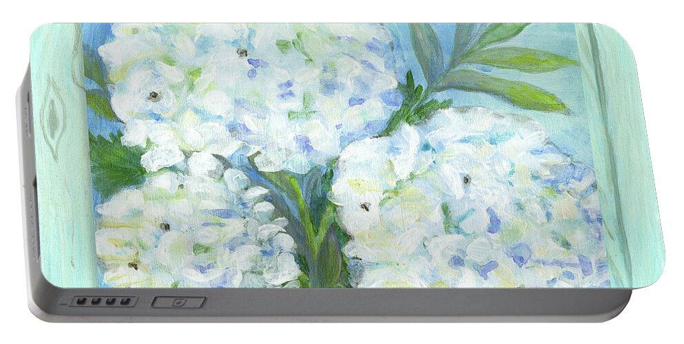 White Hydrangeas Portable Battery Charger featuring the painting Cottage at the Shore 5 White Hydrangea Floral over Wood by Audrey Jeanne Roberts