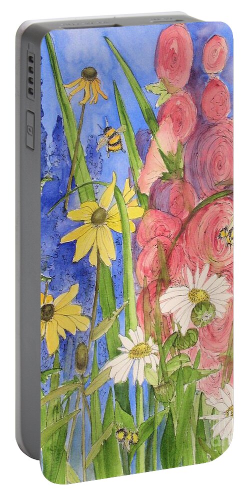Watercolor Portable Battery Charger featuring the painting Cottage Garden Daisies and Blue Skies by Laurie Rohner