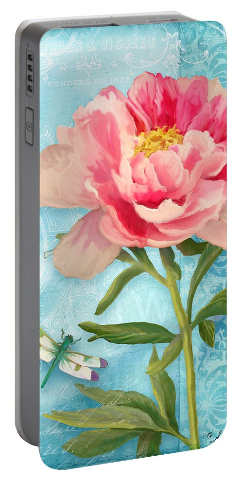 Pink Peony Portable Battery Charger featuring the painting Cottage Garden Pink Peony w Dragonfly by Audrey Jeanne Roberts