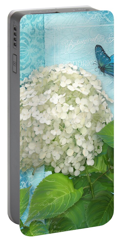 White Hydrangea Portable Battery Charger featuring the painting Cottage Garden White Hydrangea with Blue Butterfly by Audrey Jeanne Roberts