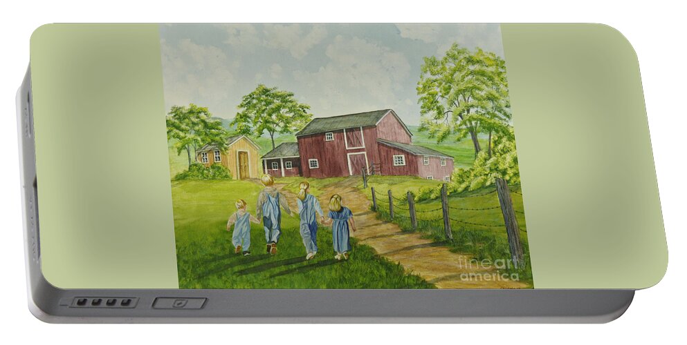 Country Kids Art Portable Battery Charger featuring the painting Country Kids by Charlotte Blanchard