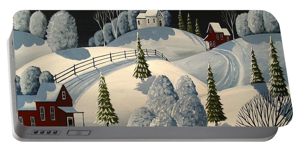 Art Portable Battery Charger featuring the painting Country Winter Night - folk art landscape by Debbie Criswell