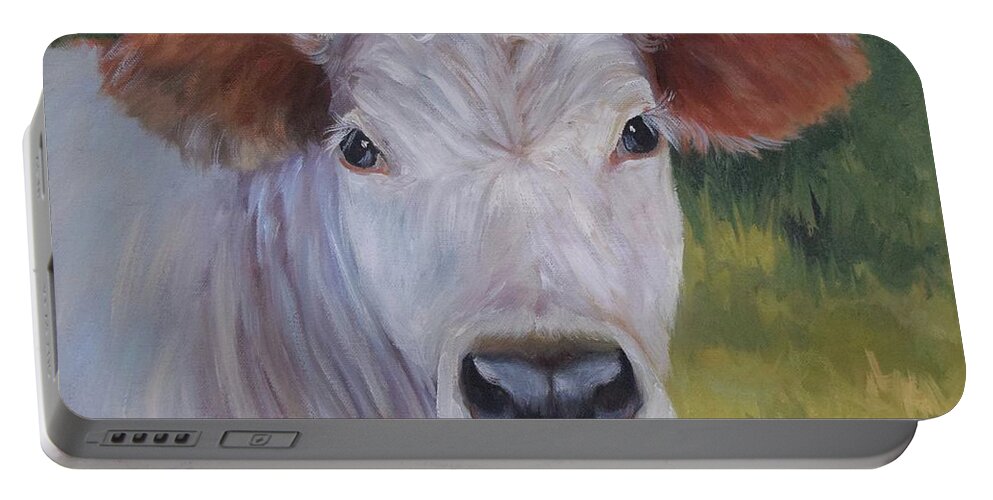 Animal Portable Battery Charger featuring the painting Cow Painting Ms Ivory by Cheri Wollenberg
