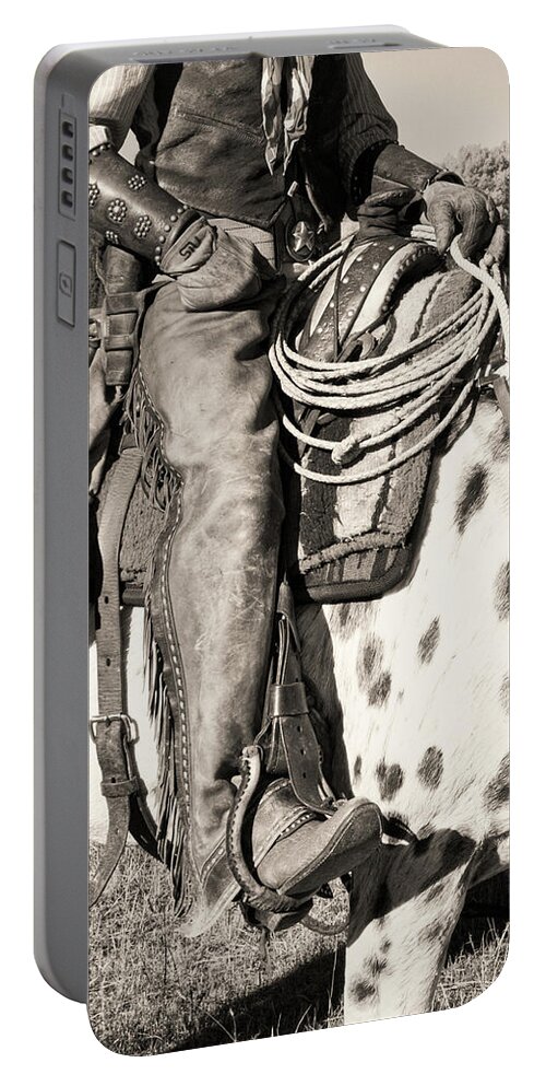Animal Portable Battery Charger featuring the photograph Cowboy on His Mount bw by Jerry Fornarotto