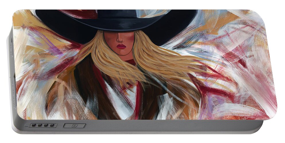 Colorful Cowboy Painting. Portable Battery Charger featuring the painting Cowgirl Colors by Lance Headlee