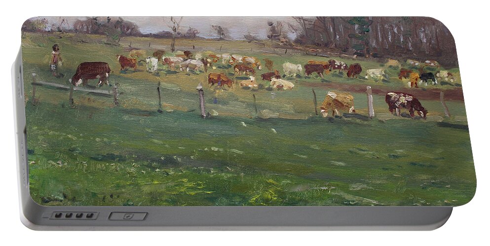 Cows Portable Battery Charger featuring the painting Cows in a Farm, Georgetown by Ylli Haruni