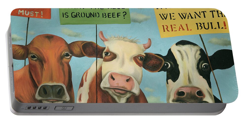 Cow Portable Battery Charger featuring the painting Cows On Strike by Leah Saulnier The Painting Maniac