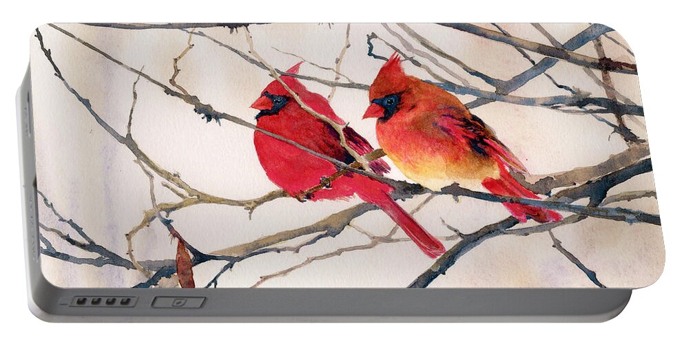 Male And Female Cardinals Sitting Side By Side On A Tree Branch. Portable Battery Charger featuring the painting Cozy Couple by Brenda Beck Fisher