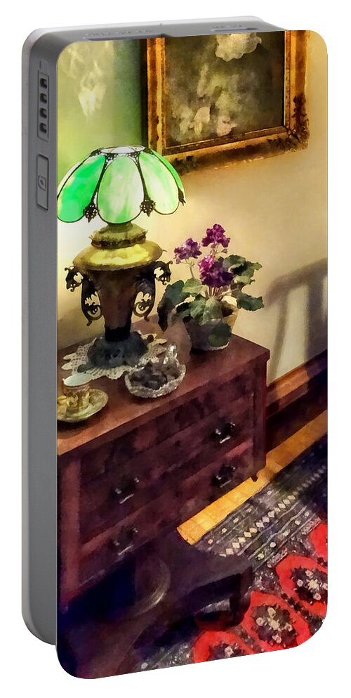 Victorian Portable Battery Charger featuring the photograph Cozy Parlor with Flower Petal Lamp by Susan Savad