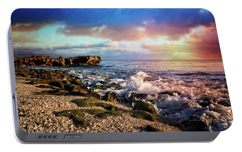 Clouds Portable Battery Charger featuring the photograph Crashing Waves at Low Tide by Debra and Dave Vanderlaan