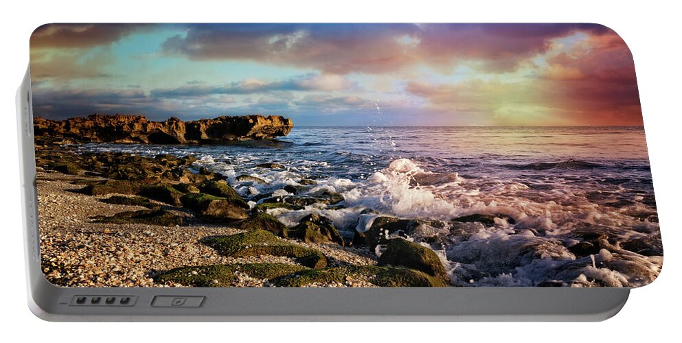 Clouds Portable Battery Charger featuring the photograph Crashing Waves at Low Tide by Debra and Dave Vanderlaan