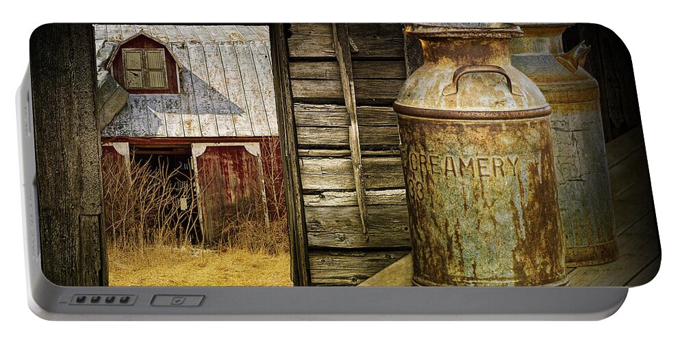 Art & Collectibles Portable Battery Charger featuring the photograph Creamery Milk Cans with Window View of an Old Red Barn by Randall Nyhof