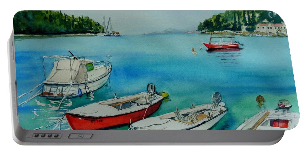 Blue Portable Battery Charger featuring the painting Creation coastline by Sonia Mocnik