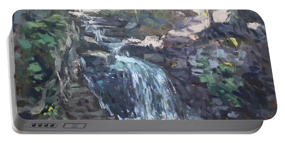 Creek Falls Portable Battery Charger featuring the painting Creek Falls by Ylli Haruni