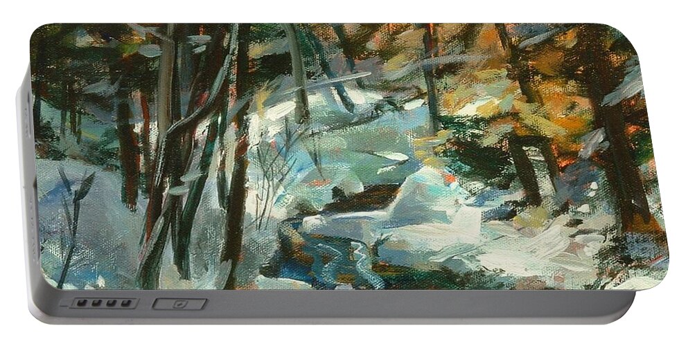 White Portable Battery Charger featuring the painting Creek in the Cold by Claire Gagnon