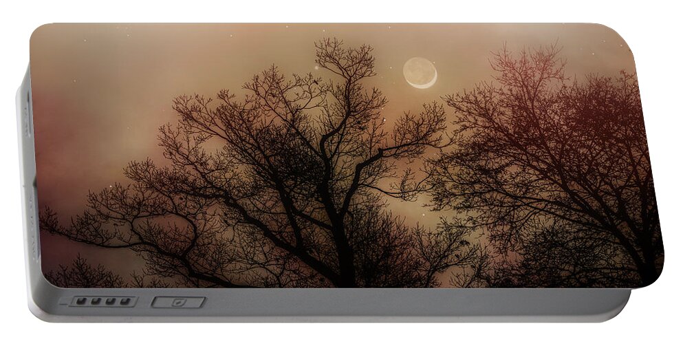 Night Portable Battery Charger featuring the photograph Crescent Between The Trees by Bob Orsillo