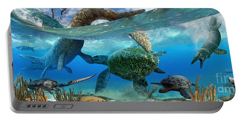 Paleoart Portable Battery Charger featuring the digital art Cretaceous Marine Scene by Julius Csotonyi