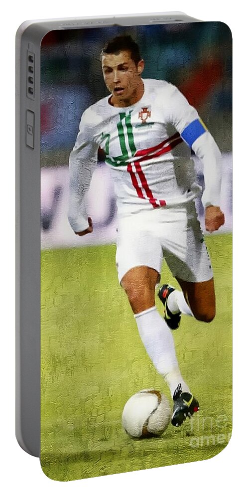 Cristiano Ronaldo Portable Battery Charger featuring the painting Cristiano Ronaldo - Soccer Legend by Ian Gledhill