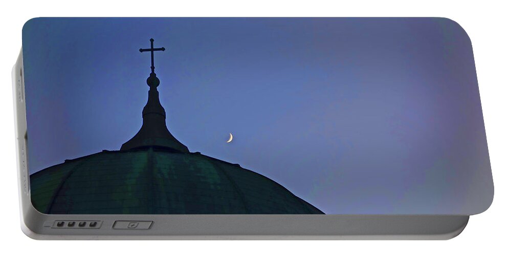 Photo Catholic Cross On Top Of Church With Moon In Sky Portable Battery Charger featuring the photograph Cross and Moon by Joan Reese