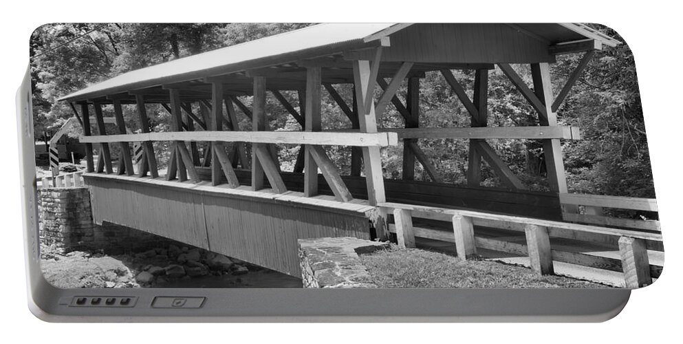 Colvin Covered Bridge Portable Battery Charger featuring the photograph Crossing Shawnee Creek Black And White by Adam Jewell