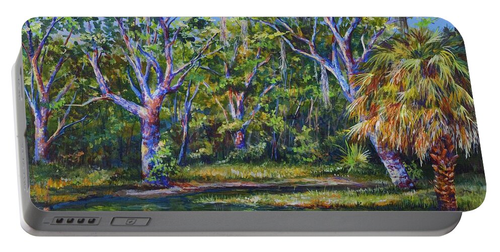 Grass Portable Battery Charger featuring the painting Croton Pond by AnnaJo Vahle