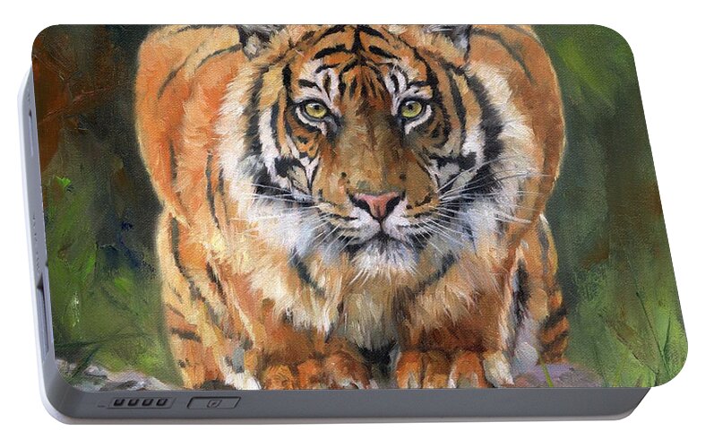 Tiger Portable Battery Charger featuring the painting Crouching Tiger by David Stribbling