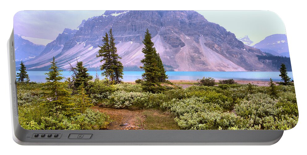 Bow Lake Portable Battery Charger featuring the photograph Crowfoot Mountain Through The Summer Smoke by Adam Jewell