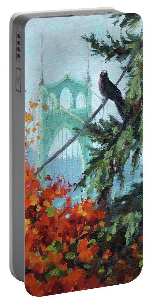 Crow Portable Battery Charger featuring the painting Crow's Eye View by Karen Ilari