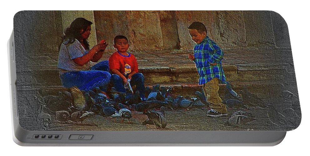 Pigeons Portable Battery Charger featuring the photograph Cuenca Kids 875 by Al Bourassa