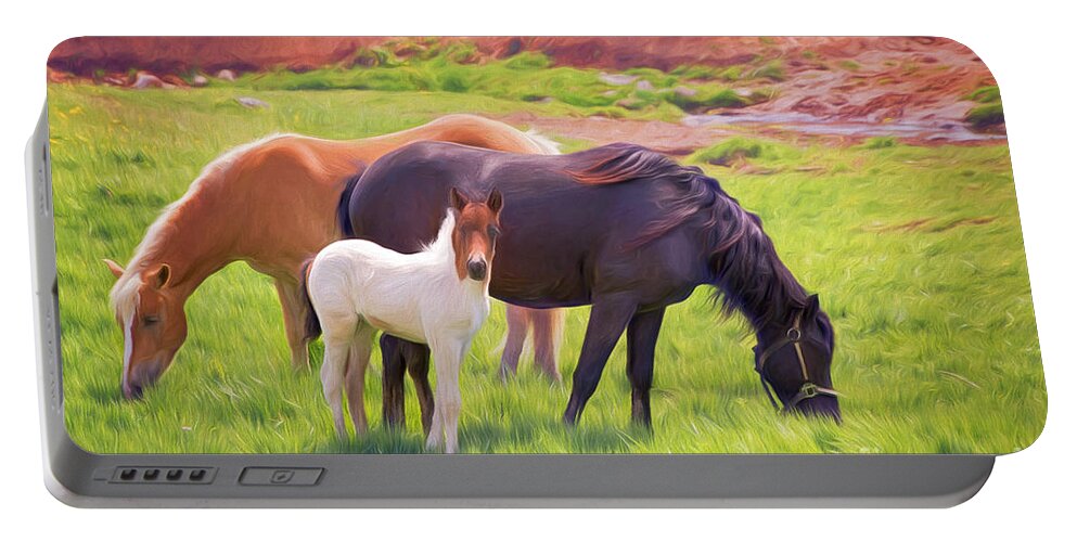 Horse Portable Battery Charger featuring the digital art Curious Colt And Mares by Sharon McConnell