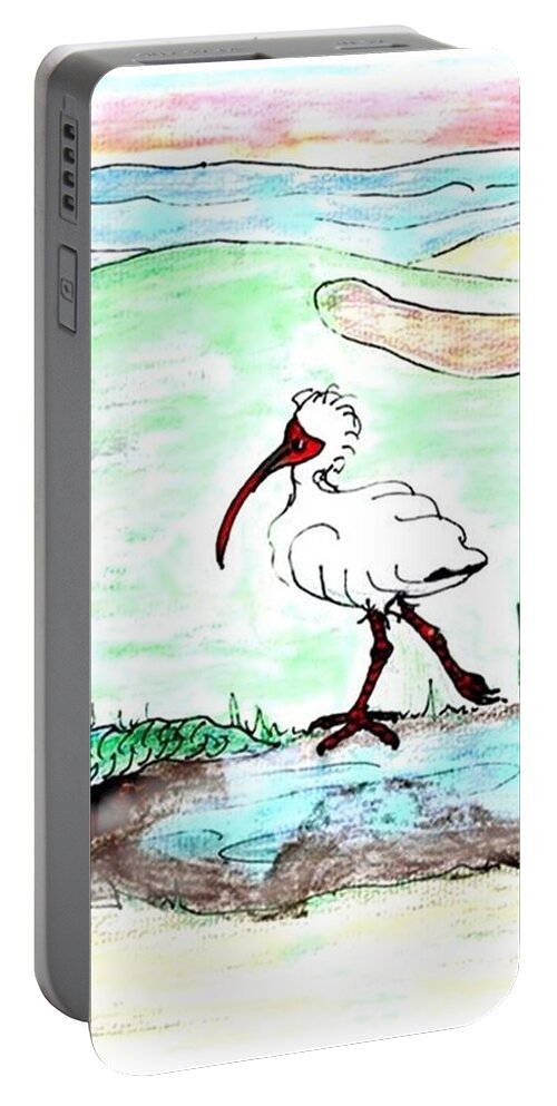 Ibis Portable Battery Charger featuring the drawing Curious ibis stands by by Carol Allen Anfinsen