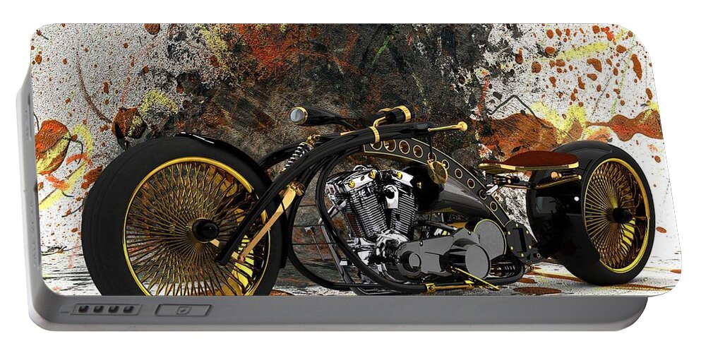 Custom Chopper # Motorcycle # Custom Bike # Bike # Motorcycle Art # Chopper # Bobber # Old School Chopper # Portable Battery Charger featuring the digital art Custom Chopper Gold by Louis Ferreira